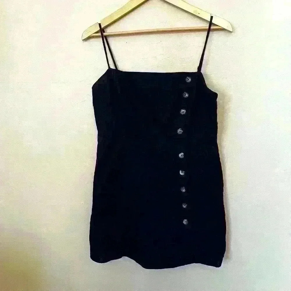 Copper Key Womens Navy Lined Sundress Buttons Spaghetti Strap Linen Blend XL